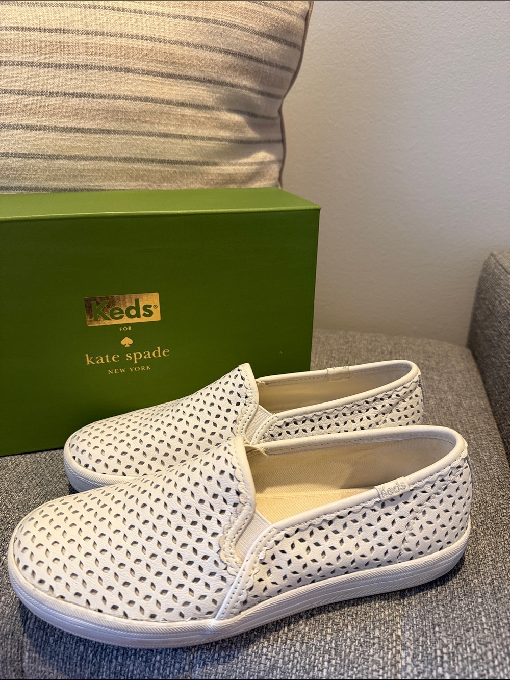 Keds for kate spade White Perforated Slip-On Sneakers, sz 7, VGUC